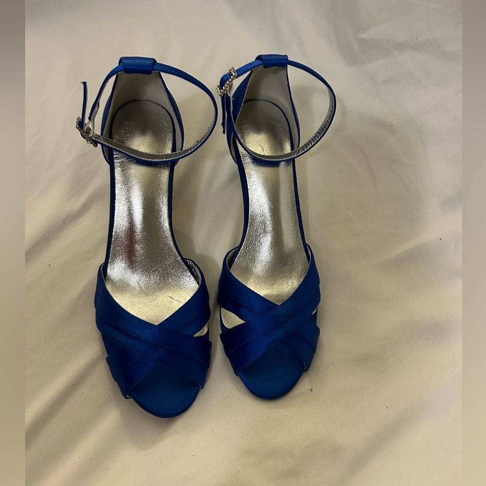 Women Peep Toe Ankle Strap High Heel Bridal Sandals Wedding Blue size 6.5-7 - Picture 3 of 11